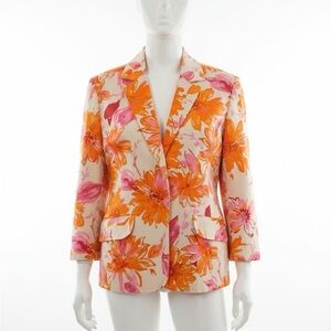 Susan Graver Cream Blazer with Orange & Pink Floral Print Length 26” Sleeves 23”
